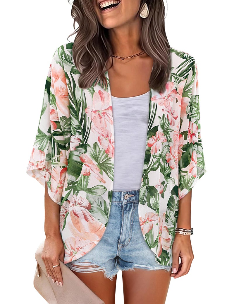 BB&KK Women's Floral Leaf Kimono Cover Ups Plus Size Hawaiian Shirts Tops Tropical Boho Outfits Chiffon Sheer Summer Cardigans Shawls Wraps White XX-Large - Image 1